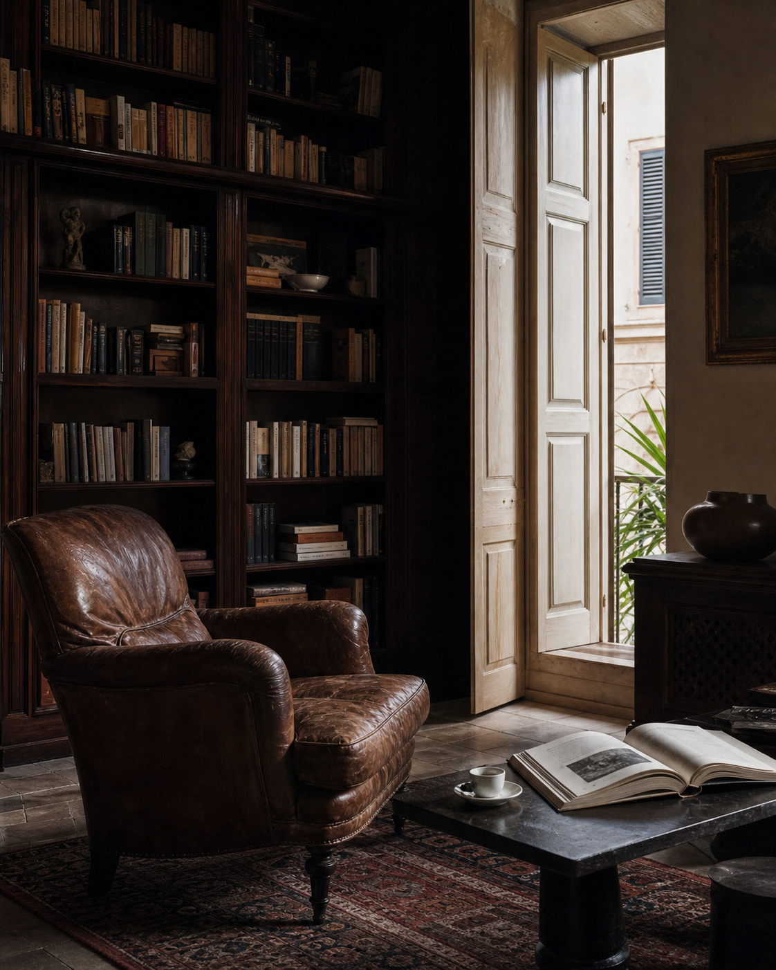 Dark library shelves with an open book and espresso
