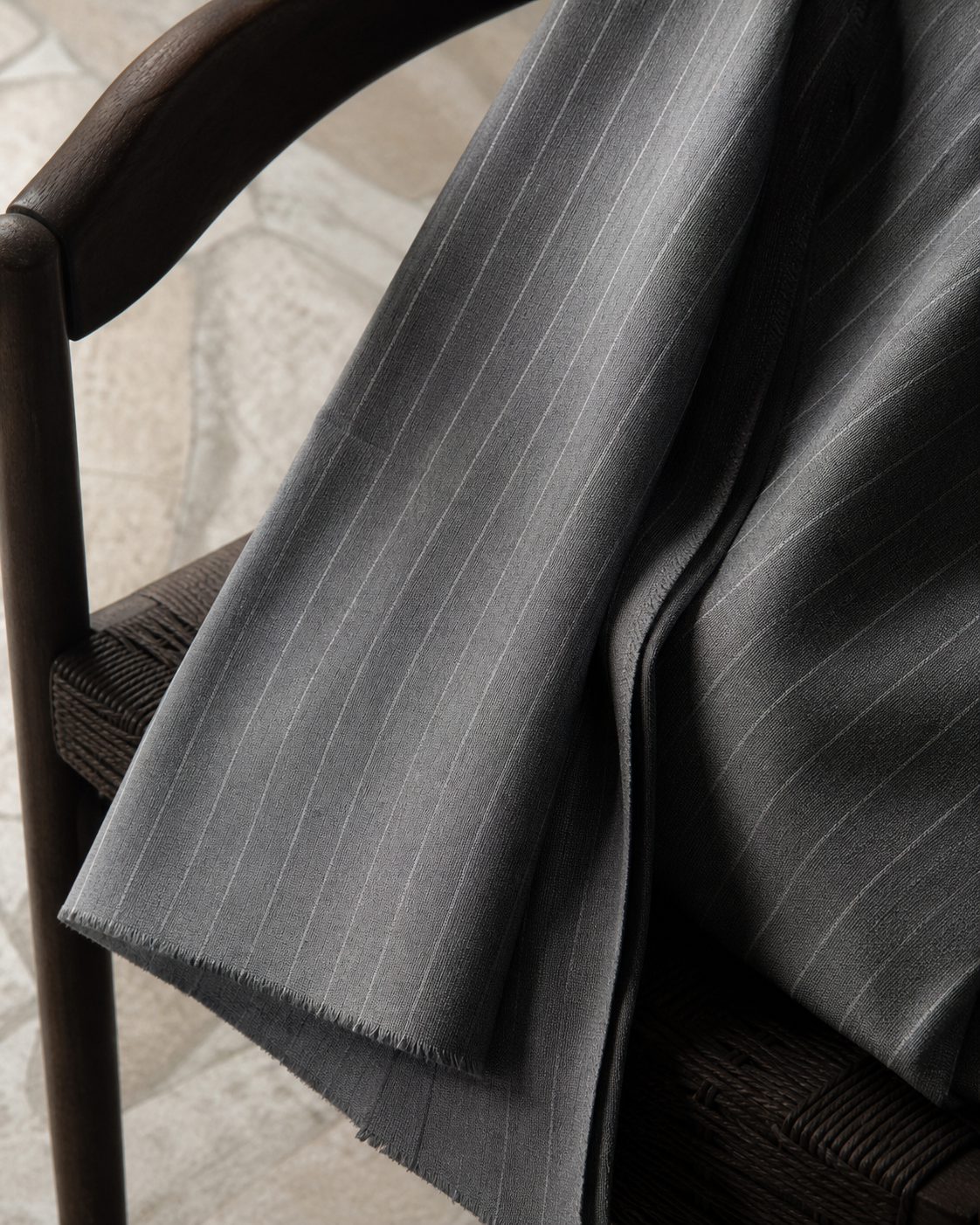 Close view of the fine gray pinstripe deadstock fabric