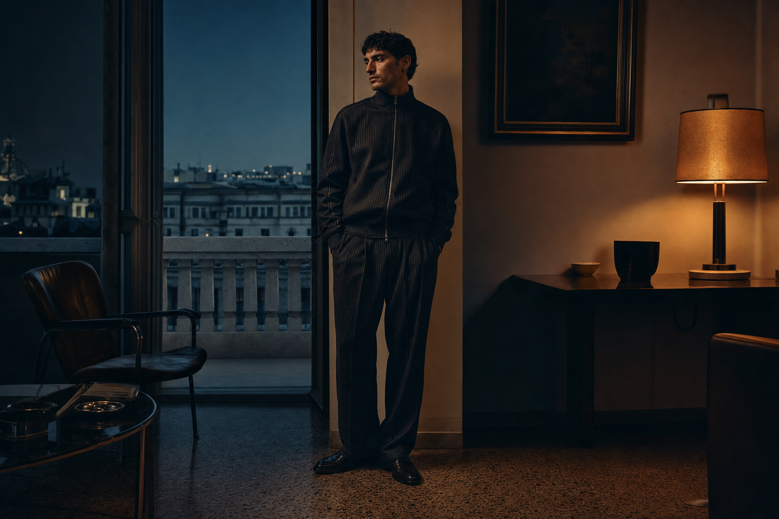 Pinstripe Wool Tracksuit Set worn indoors